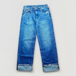 American Eagle Stovepipe Jeans Womens 4 Blue Denim Cuffed Wide-Leg Y2K 29x30